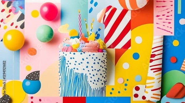 Fototapeta A cheerful collage of colorful patterns inspired by birthday celebrations set in a clean aesthetic 