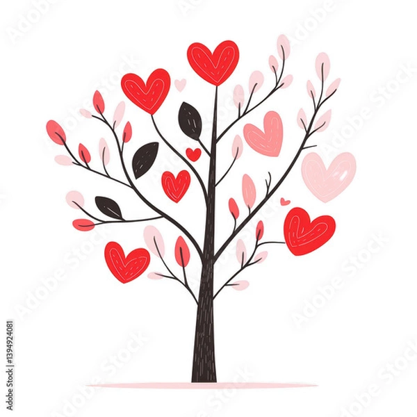 Fototapeta A whimsical tree with branches adorned with vibrant red and pink hearts, symbolizing love and affection, set against a white isolated background.