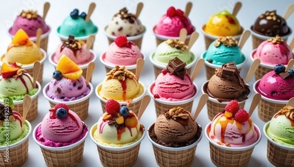 Fototapeta Selection of fruit ice creams with decorative scoops and ingredients in an ice cream cup set on a white background. Front view.