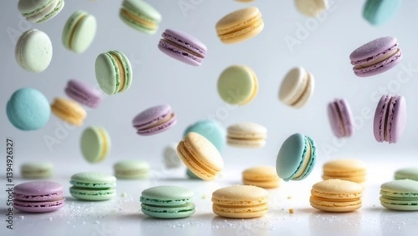 Obraz Diverse macaroons in flight dropping onto a clear surface. An array of flavors and colors gliding over an abstract background.