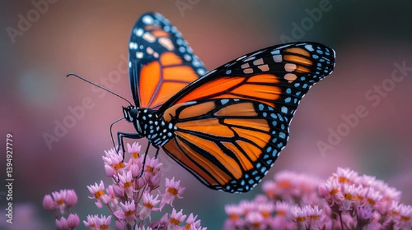 Fototapeta Photography highlighting the vivid orange and black patterns of a monarch butterfly, its wings spread wide as it rests on a milkweed plant.