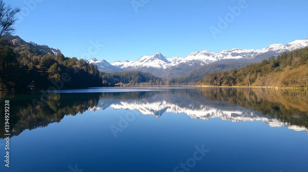 Fototapeta Tranquil Waterscape: A serene panorama unfolds, where the glassy surface of a mountain lake perfectly mirrors the snow-capped peaks above, framed by verdant forests under a brilliant, cloudless sky.