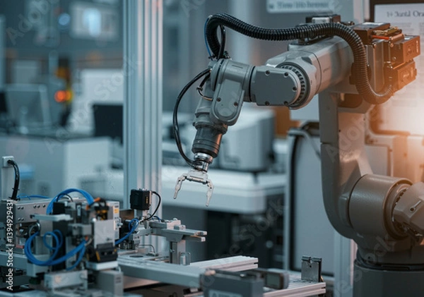 Obraz Modern robotic arm working on production line in high tech factory, performing automated tasks with precision
