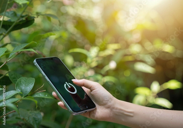 Obraz Hand turning off smartphone screen with power button icon, symbolizing digital detox and environmental awareness