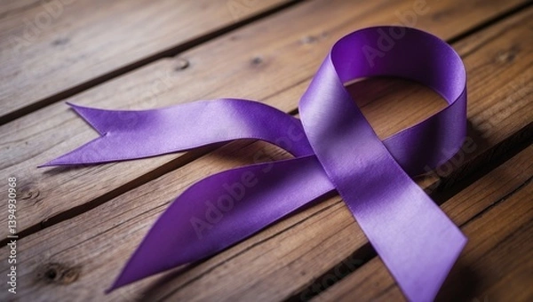 Obraz Purple ribbon awareness on a wooden backdrop with space for text. This symbol is utilized to promote awareness for cancer, epilepsy, lupus, Alzheimer's disease, and meningitis survivors.