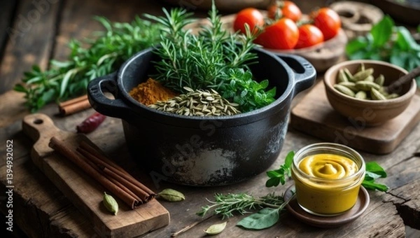 Fototapeta Cast iron cookware accompanied by fresh herbs, spices, and kitchen tools for appetizing cooking on a rustic surface. Healthy nourishment. Homemade meals. Low light. Still life arrangement. Food