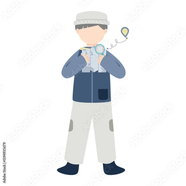 Fototapeta Young Explorer: Boy with Map, Magnifying Glass, and Location Pin Icon.