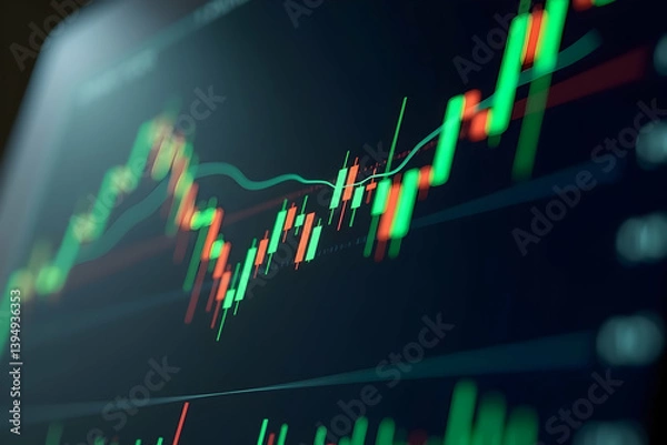 Fototapeta Brightly illuminated stock market chart displaying dynamic financial data trends and volatility on a monitor, symbolizing global finance and trading