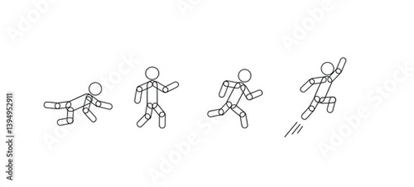 Fototapeta a set of figures of funny little men in different poses: crawling, walking, running, jumping. The image is in the form of a picture on a white background. Vector illustration. The sketch.