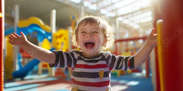 Fototapeta Happy cheerful kids having a blast at indoor play center. Children playing with color balls in playground ball pit.