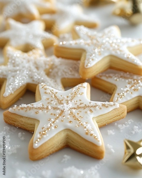 Fototapeta Festive star shaped sugar cookies adorned with white icing and shimmering sprinkles holiday baking concept