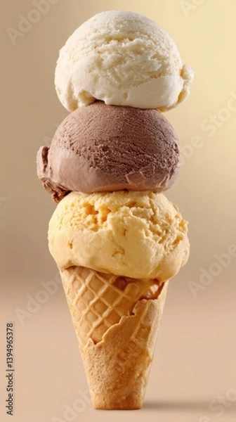 Fototapeta Delicious ice cream cone with vanilla chocolate and caramel flavors stacked high against a warm background for summer treat indulgence