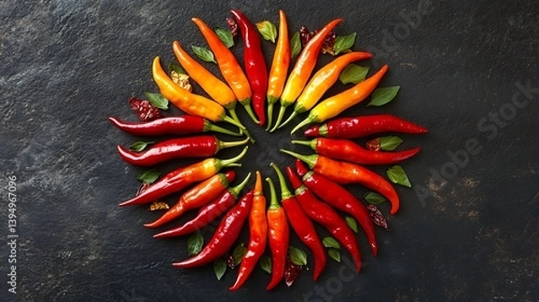 Fototapeta A creative chili presentation featuring a gradient of peppers shaped into a fiery sunburst 