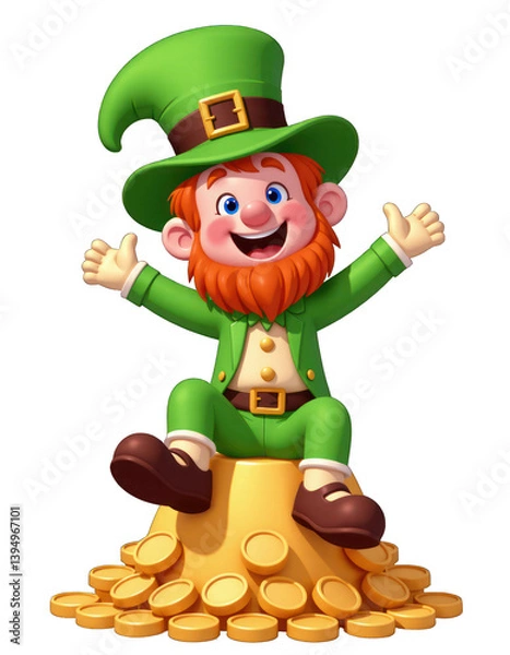 Fototapeta Jolly Leprechaun Sitting on a Pile of Gold Coins St Patrick s Day Character