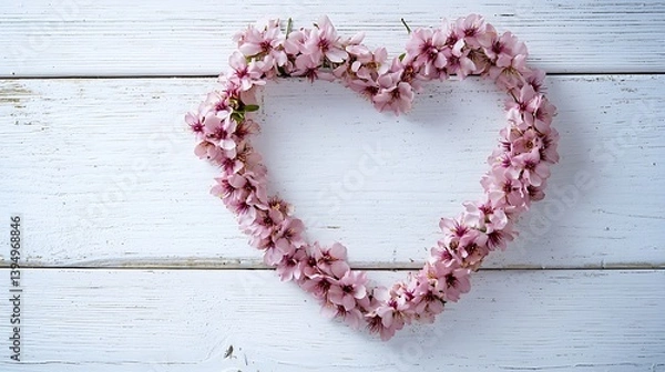 Obraz Cherry blossom petals forming a heart shape on a white wooden background.