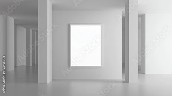 Fototapeta A modern, minimalistic interior space with white walls, columns, and a blank frame for artwork or photography.