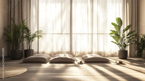 Fototapeta Warm and peaceful zen-style room with floor cushions, large plants, and light streaming through sheer curtains