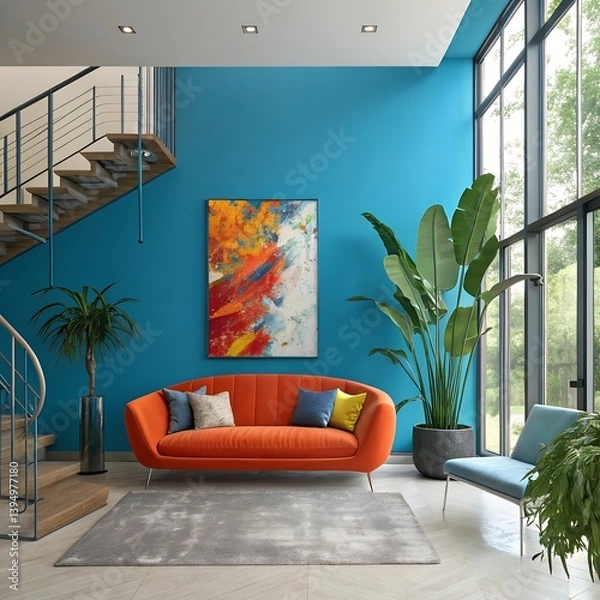 Obraz Stylish interior with teal walls, abstract painting, large windows, plants, and decorative vases