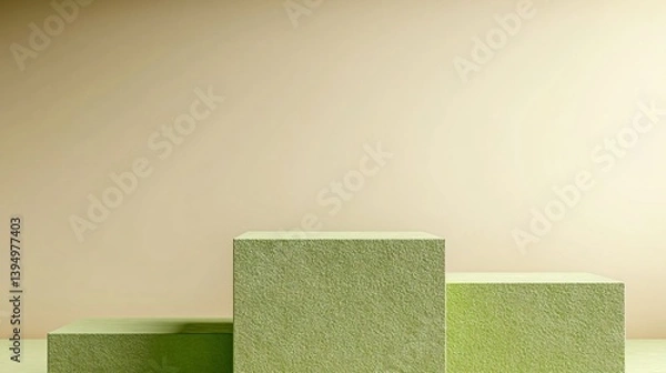 Fototapeta Minimal podium with green textured blocks on pastel background for product mockup or design