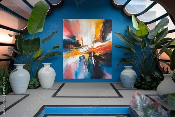 Obraz Stylish interior with teal walls, abstract painting, large windows, plants, and decorative vases