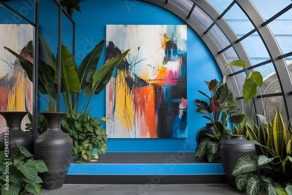 Obraz Stylish interior with teal walls, abstract painting, large windows, plants, and decorative vases
