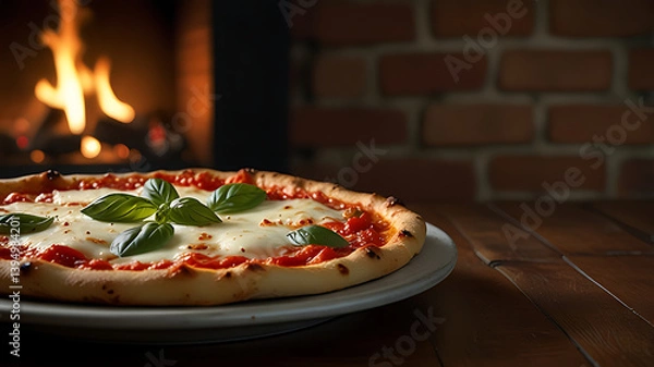 Fototapeta Hot Pizza with Fresh Mozzarella and Basil in Front of Fireplace

