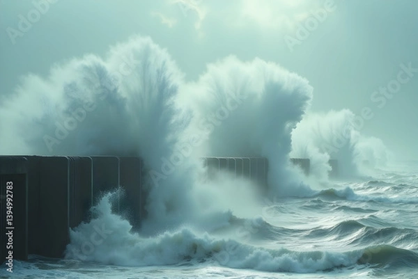 Fototapeta Dramatic ocean scenery showcasing towering waves crashing against a sturdy breakwater under an overcast sky creating a powerful and dynamic seascape