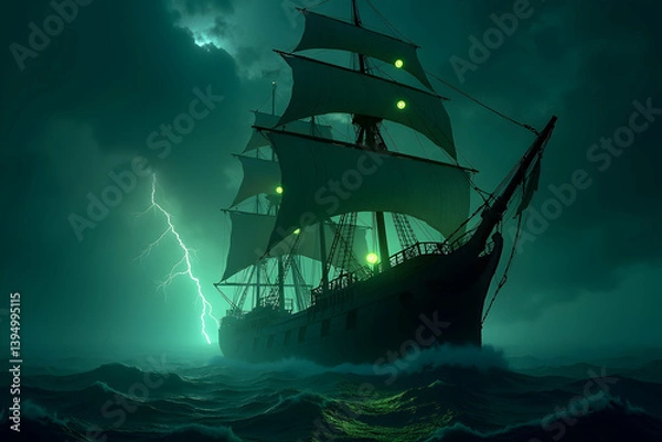 Fototapeta Dramatic seascapes capture ancient ship braving lightning storm at sea, emphasizing resilience, power, nautical adventure, and the beauty of overcoming adversity