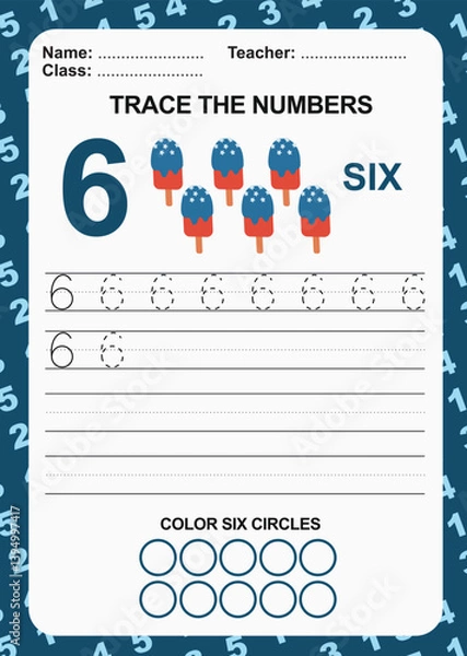 Fototapeta Trace and write number for children. Exercise for children to recognize the number. Educational worksheet for preschool. Vector file.