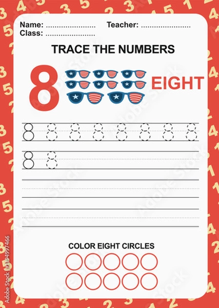 Fototapeta Trace and write number for children. Exercise for children to recognize the number. Educational worksheet for preschool. Vector file.