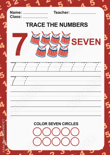 Fototapeta Trace and write number for children. Exercise for children to recognize the number. Educational worksheet for preschool. Vector file.
