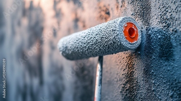 Fototapeta Close-up of a paint roller applying gray paint on a wall, symbolizing home renovation and diy projects.