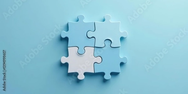 Fototapeta Four interlocking puzzle pieces, pale blue and white, represent unity and collaboration in problem-solving