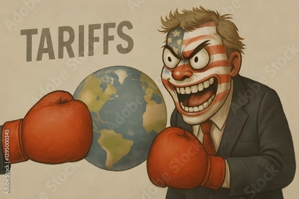 Fototapeta A caricatured figure with usa flag face and boxing gloves faces off against a globe, symbolizing usa tariffs.
