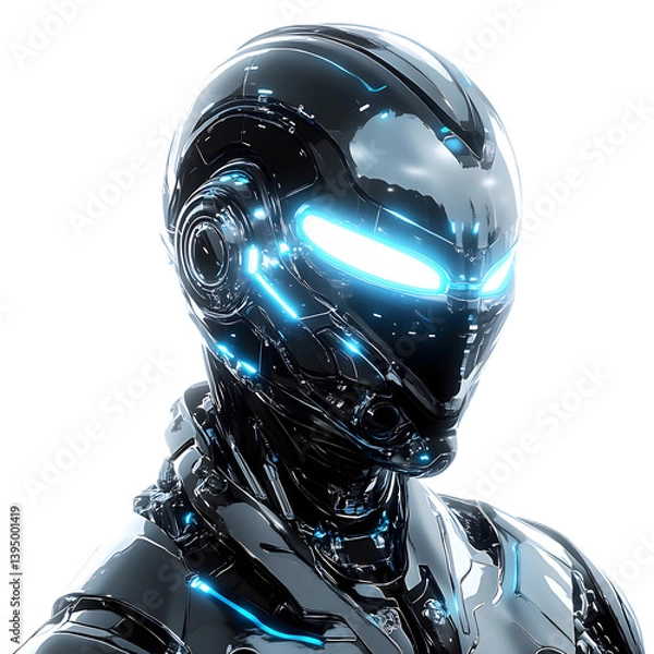 Fototapeta Sleek Robot with Glowing Neon Blue Eyes Isolated on Transparent Background