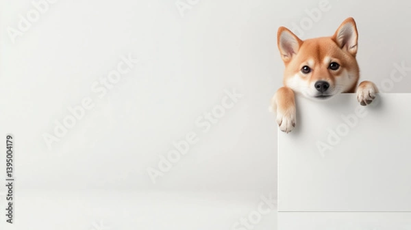 Obraz 白いパネルから顔を出す柴犬の愛嬌ある好奇心いっぱいの姿 | 清潔感ある構図
