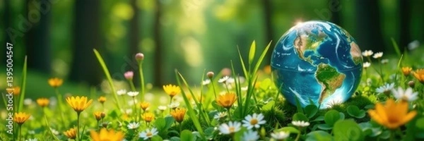 Obraz Glass globe earth in a forest meadow with wildflowers and grasses, natural, landscape