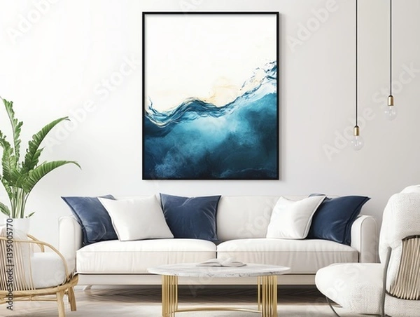 Fototapeta A serene living space featuring an ocean wave painting, stylish furniture, and a calming atmosphere.
