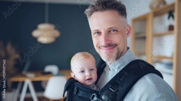 Fototapeta Young smiling man with a happy baby in a front carrier, both looking at the camera.