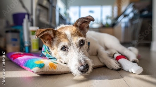Fototapeta A small, elderly, mixed-breed dog with a bandage on its leg, with a brown and white coat, rests on a colorful pillow in a bright, modern kitchen. 