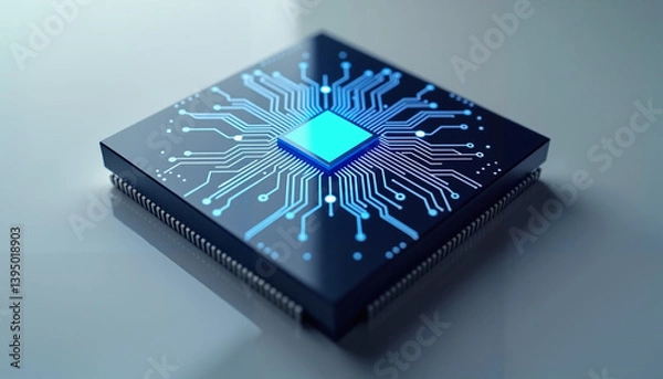 Fototapeta Glowing microchip on circuit board, blue futuristic technology