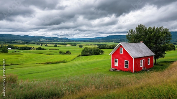 Obraz A vibrant red house in lush green fields with dramatic clouds and sunlight