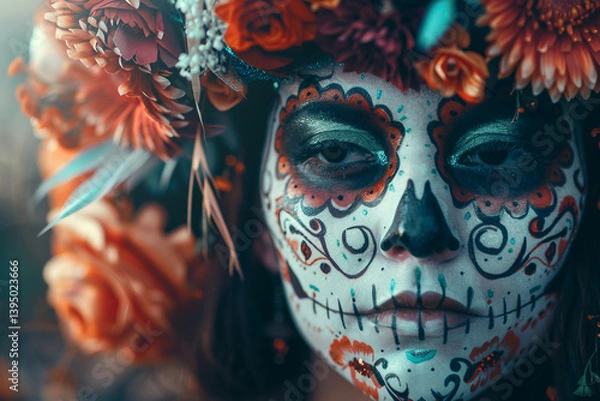 Fototapeta Closeup of woman with traditional Catrina makeup for Mexican Day of the Dead, cinco de mayo holiday celebration, generative ai