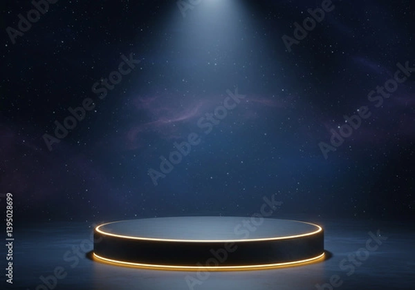 Fototapeta Black round podium display stand with glowing gold light edge illuminated by spotlight against dark space background with stars or nebula. Empty cosmic stage.