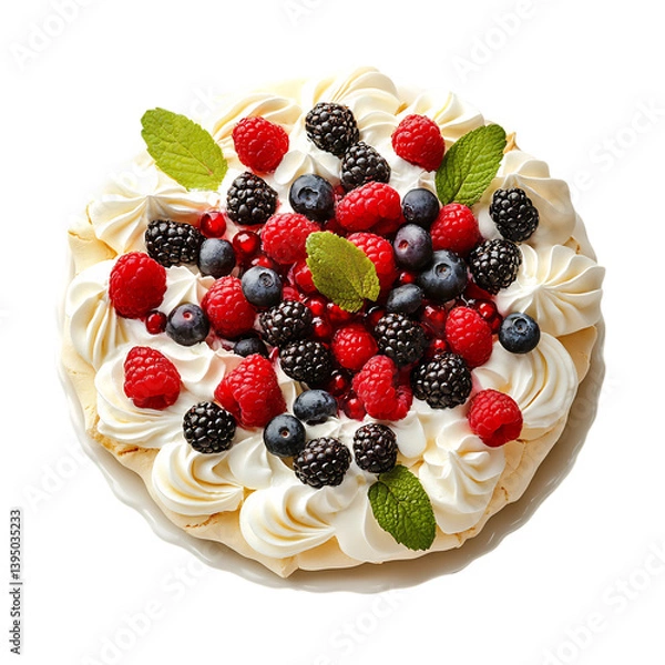 Fototapeta A Classic Pavlova Topped with Whipped Cream and Fresh Berries Isolated on Transparent Background