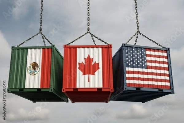 Fototapeta International trade symbols with shipping containers displaying national flags of Canada, the United States, and Mexico against a cloudy sky background