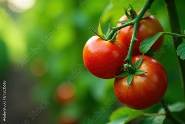 Fototapeta Organic tomato vine with plenty of ripe red tomatoes, seasonal, farm to table, garden