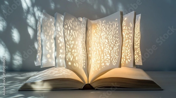 Fototapeta A glowing book emitting soft light and intricate shadow patterns 