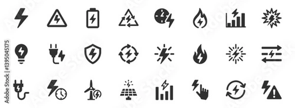 Fototapeta Electricity and energy icon set. Vector glyph pictograms of lightning bolt, battery, plug, solar panel, wind turbine, power, renewable energy, electrical safety black silhouette illustration.