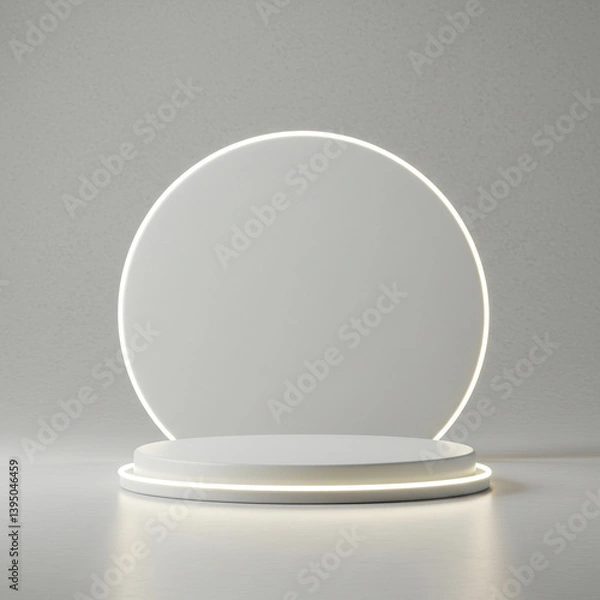 Fototapeta White round podium display stand with glowing white neon ring arch against plain light grey background. Empty minimalist stage showcase presentation scene.